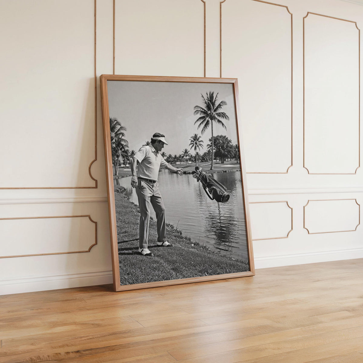 Funny Golf Wall Art Print, Angry Golfer Throwing Clubs into Water Pond, Humorous Black and White Sports Photography, Man Cave Decor Poster