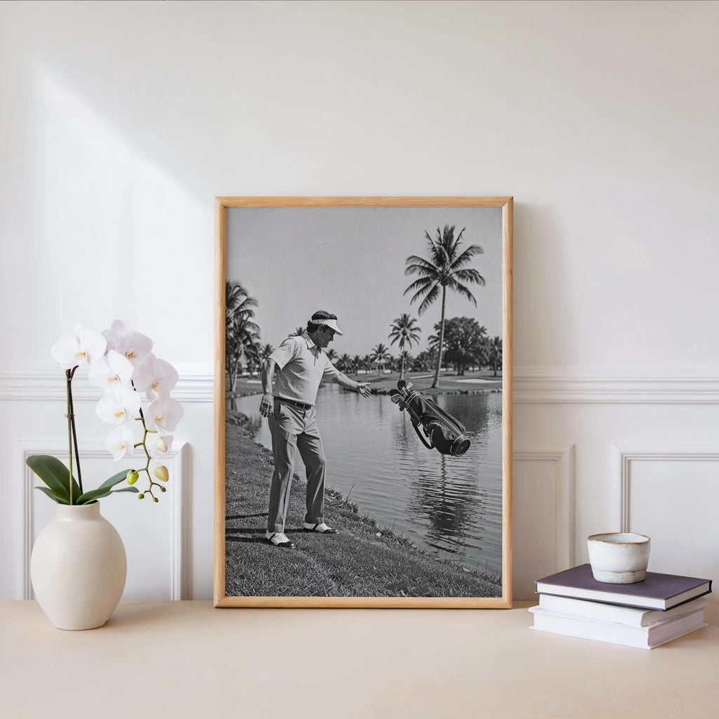 Funny Golf Wall Art Print, Angry Golfer Throwing Clubs into Water Pond, Humorous Black and White Sports Photography, Man Cave Decor Poster