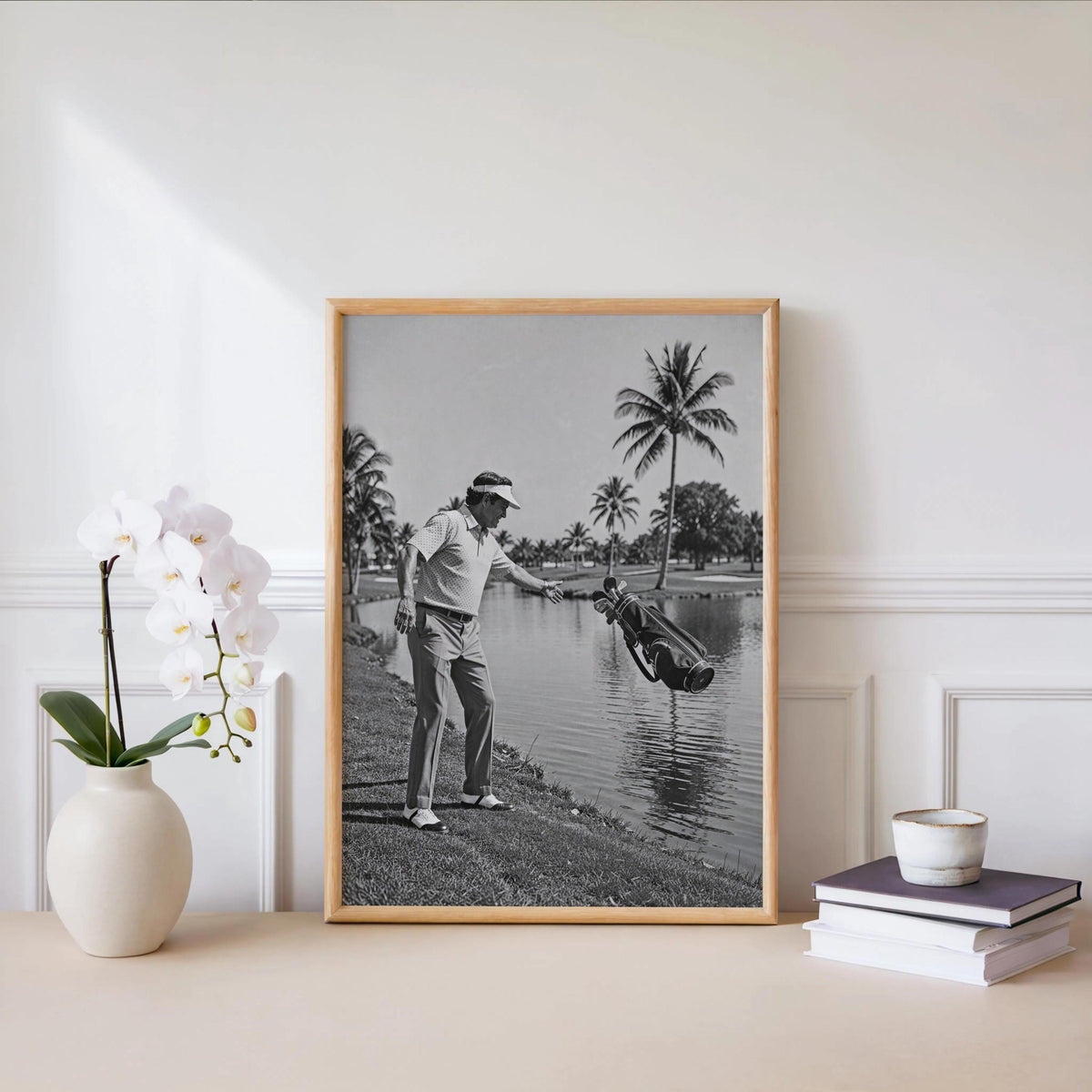 Funny Golf Wall Art Print, Angry Golfer Throwing Clubs into Water Pond, Humorous Black and White Sports Photography, Man Cave Decor Poster