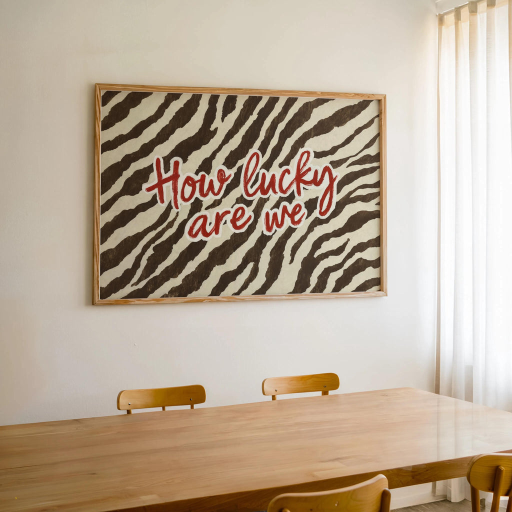 How Lucky Are We Trendy Zebra Wall Art, Preppy Quote Illustration, Red Typography Poster, Western Cowgirl Aesthetic, Animal Print Room Decor