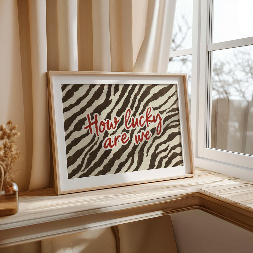 How Lucky Are We Trendy Zebra Wall Art, Preppy Quote Illustration, Red Typography Poster, Western Cowgirl Aesthetic, Animal Print Room Decor