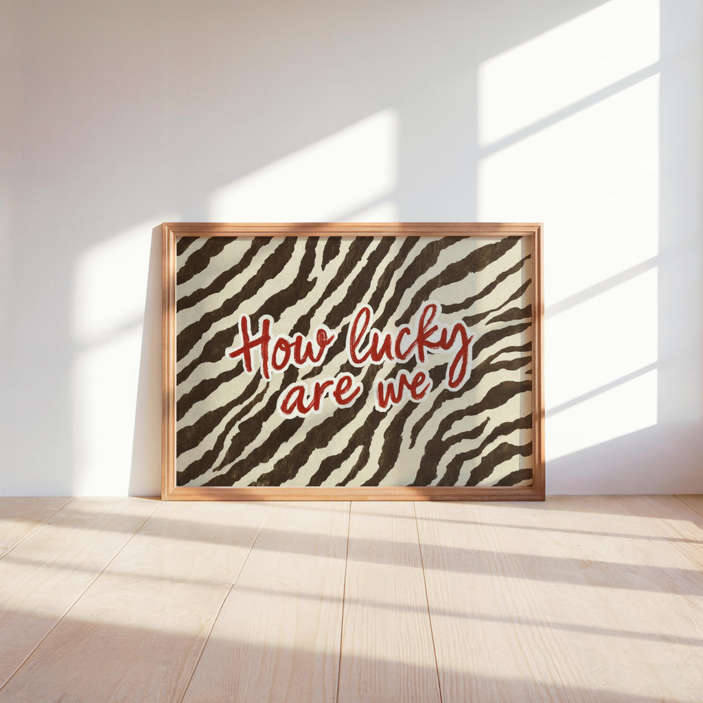 How Lucky Are We Trendy Zebra Wall Art, Preppy Quote Illustration, Red Typography Poster, Western Cowgirl Aesthetic, Animal Print Room Decor