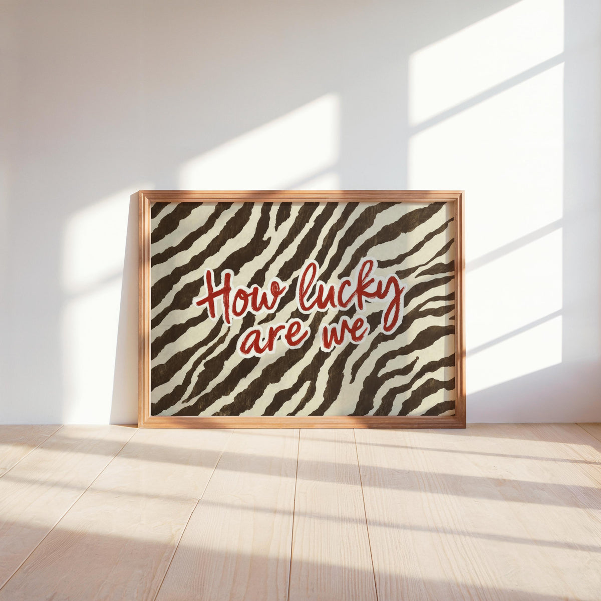 How Lucky Are We Trendy Zebra Wall Art, Preppy Quote Illustration, Red Typography Poster, Western Cowgirl Aesthetic, Animal Print Room Decor