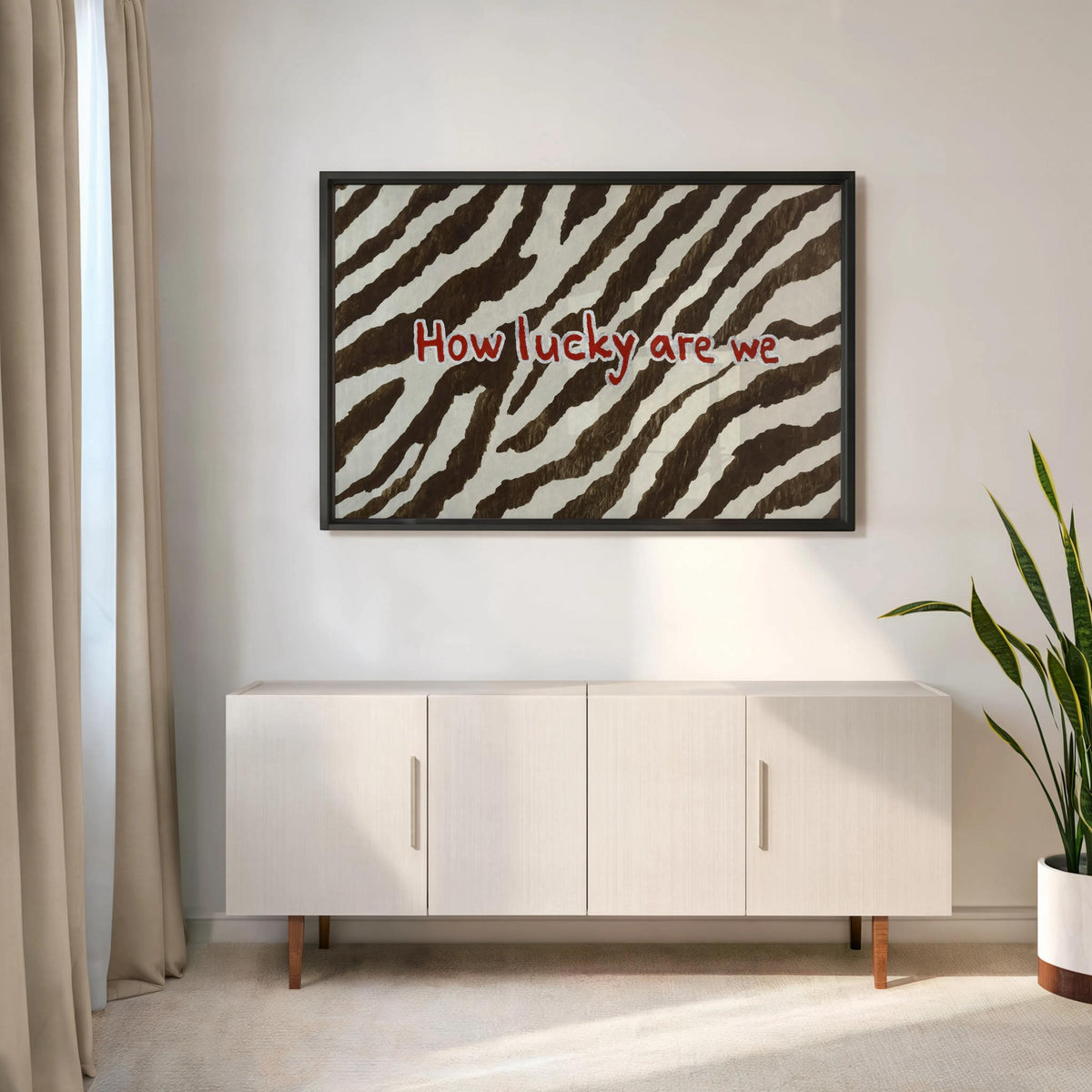How Lucky Are We Quote Poster, Zebra Pattern Brown and White Print, Preppy Chic Typography Aesthetic Dorm Decor, Western Cowgirl Wall Art
