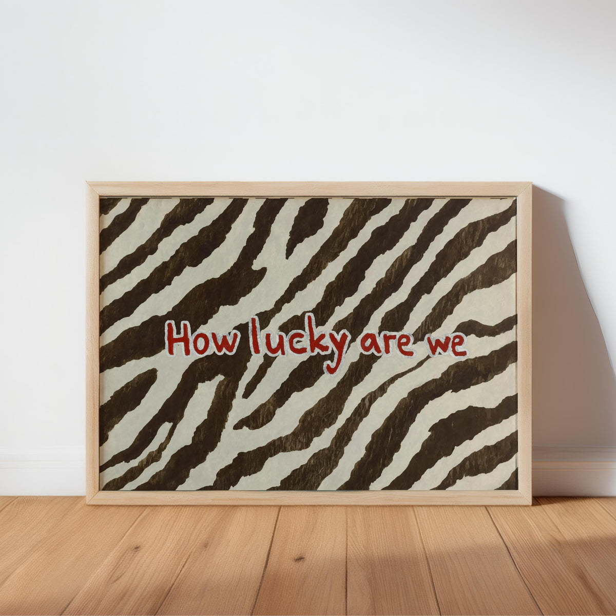 How Lucky Are We Quote Poster, Zebra Pattern Brown and White Print, Preppy Chic Typography Aesthetic Dorm Decor, Western Cowgirl Wall Art