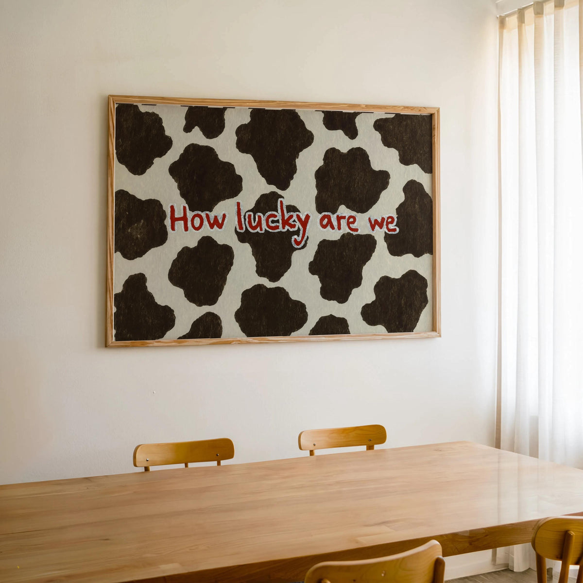 Cow Print Typography Wall Art, How Lucky Are We Quote Poster, Brown and White Farmhouse Pattern, Cute Western Animal Aesthetic Room Decor