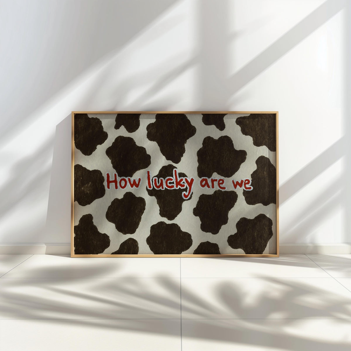 Cow Print Typography Wall Art, How Lucky Are We Quote Poster, Brown and White Farmhouse Pattern, Cute Western Animal Aesthetic Room Decor