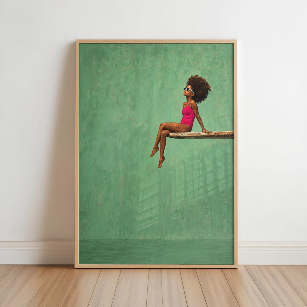 Black Girl Swimming Pool Art Print, Afrocentric Summer Wall Decor, Vibrant Diving Board Painting Poster, Minimalist Afro Hair Pop Art