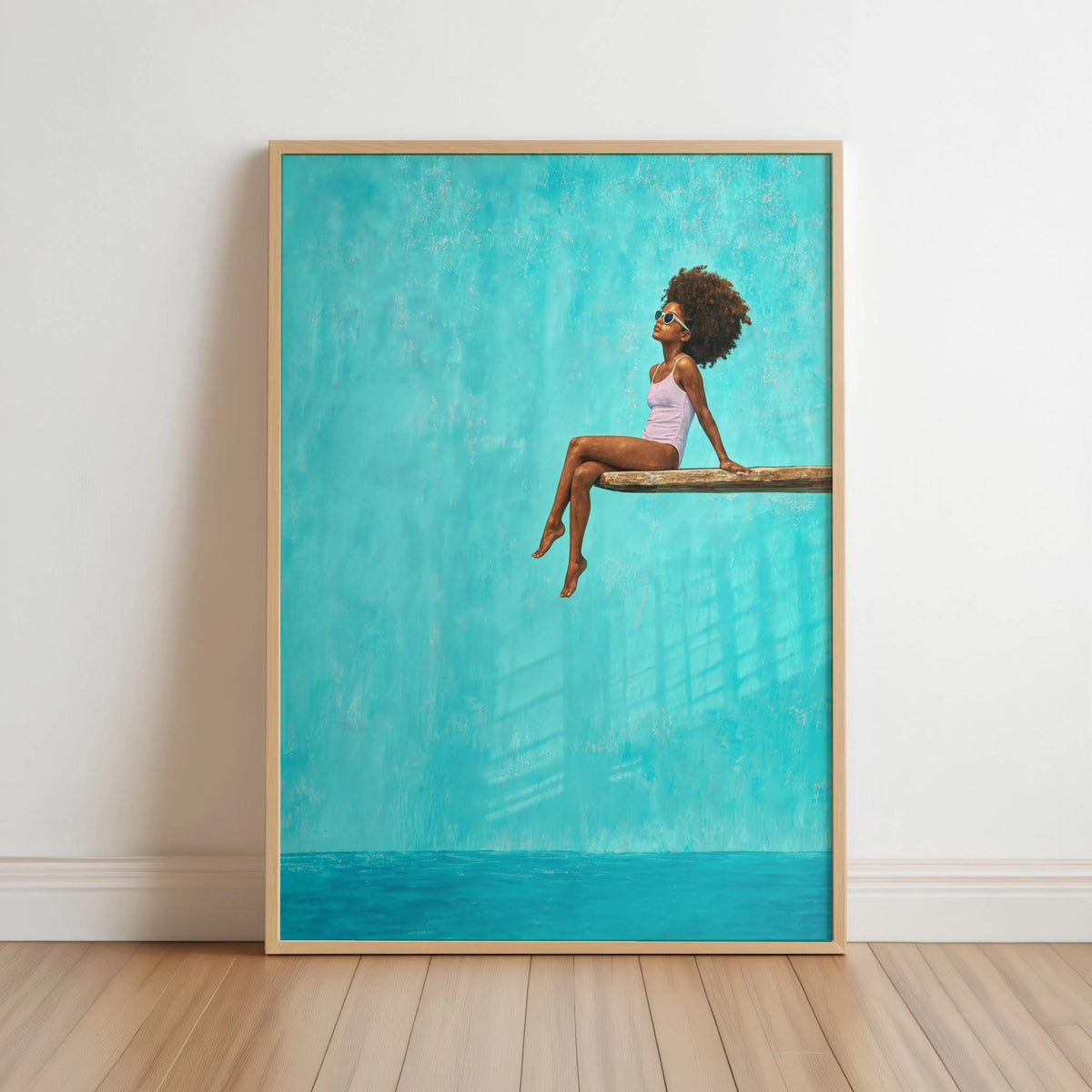 Black Girl Swimming Pool Art Print, Afrocentric Summer Wall Decor, Vibrant Diving Board Painting Poster, Minimalist Afro Hair Pop Art