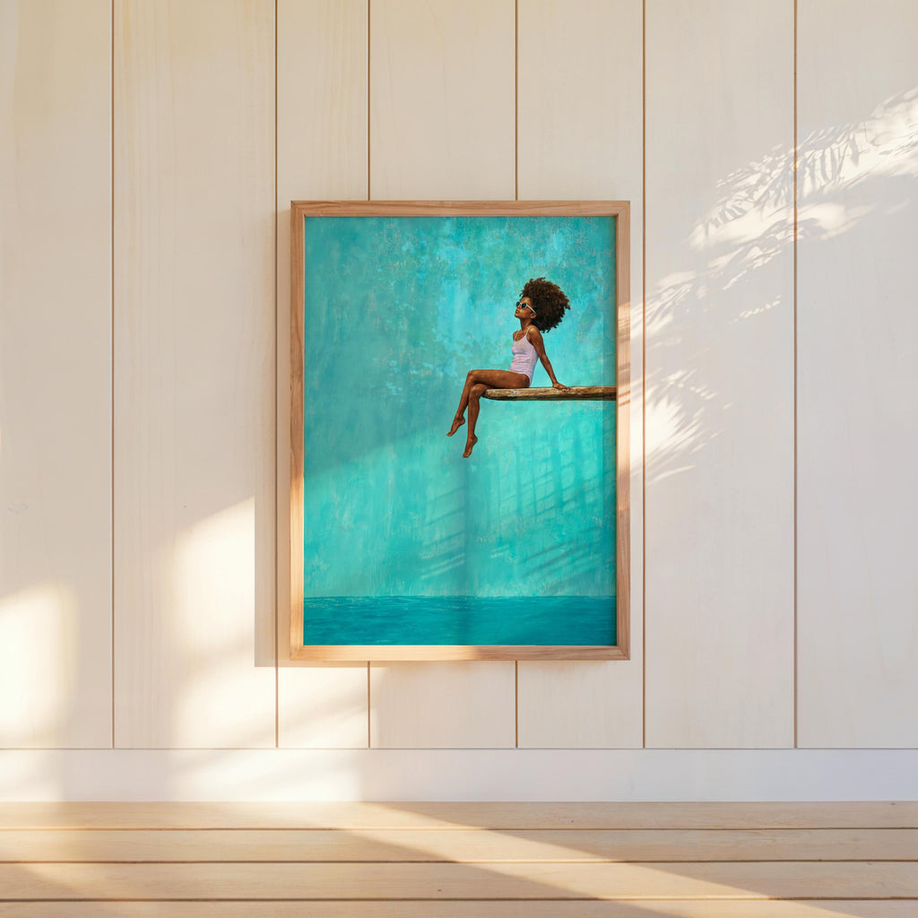 Black Girl Swimming Pool Art Print, Afrocentric Summer Wall Decor, Vibrant Diving Board Painting Poster, Minimalist Afro Hair Pop Art