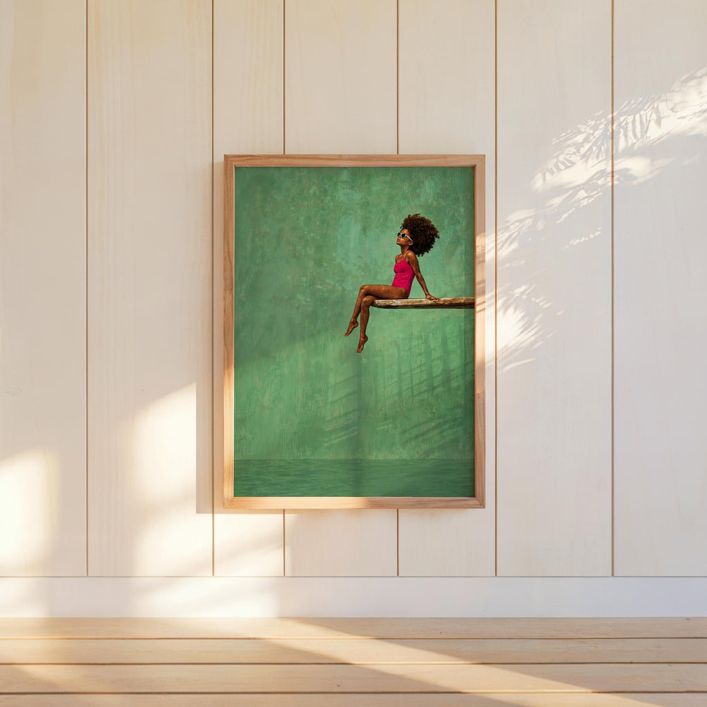 Black Girl Swimming Pool Art Print, Afrocentric Summer Wall Decor, Vibrant Diving Board Painting Poster, Minimalist Afro Hair Pop Art