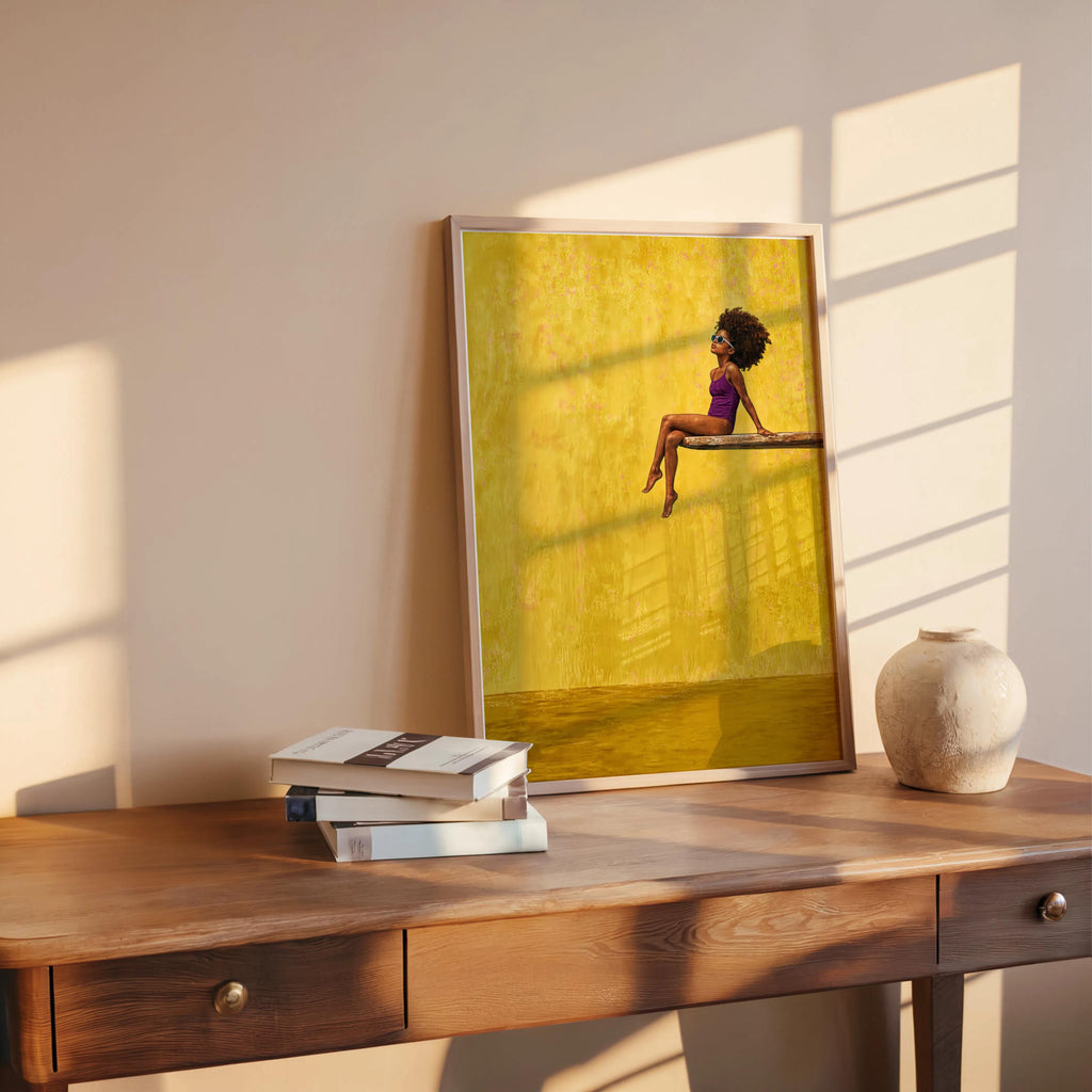 Black Girl Swimming Pool Art Print, Afrocentric Summer Wall Decor, Vibrant Diving Board Painting Poster, Minimalist Afro Hair Pop Art