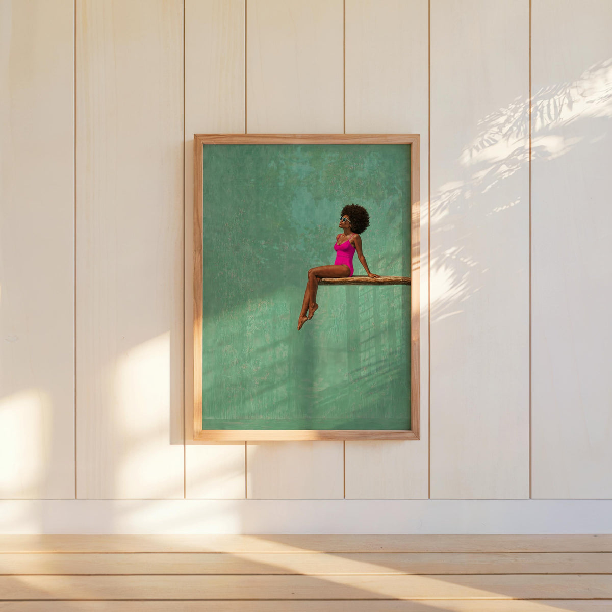 Afrocentric Poolside Wall Art, Black Woman on Diving Board Print, Vibrant Beach Summer Decor, Minimalist Pop Art Poster, Afro Hair Decor