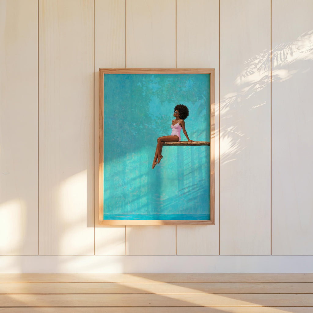 Afrocentric Poolside Wall Art, Black Woman on Diving Board Print, Vibrant Beach Summer Decor, Minimalist Pop Art Poster, Afro Hair Decor
