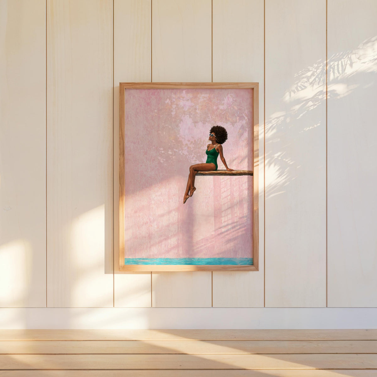 Afrocentric Poolside Wall Art, Black Woman on Diving Board Print, Vibrant Beach Summer Decor, Minimalist Pop Art Poster, Afro Hair Decor