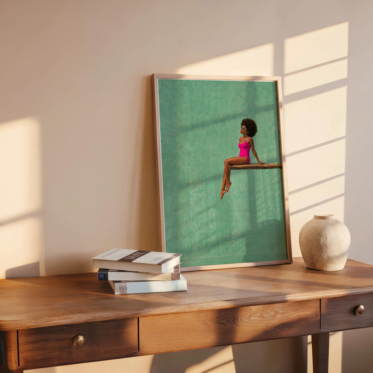 Afrocentric Poolside Wall Art, Black Woman on Diving Board Print, Vibrant Beach Summer Decor, Minimalist Pop Art Poster, Afro Hair Decor
