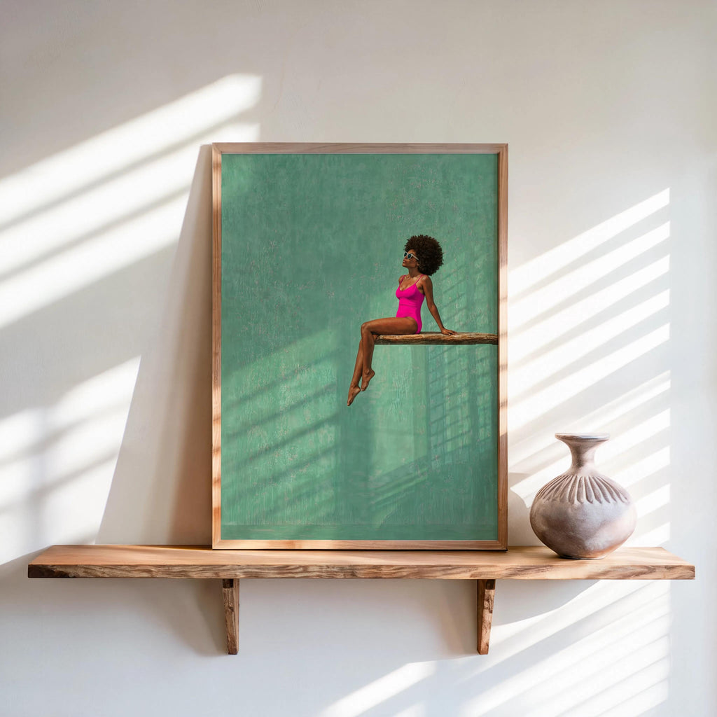 Afrocentric Poolside Wall Art, Black Woman on Diving Board Print, Vibrant Beach Summer Decor, Minimalist Pop Art Poster, Afro Hair Decor