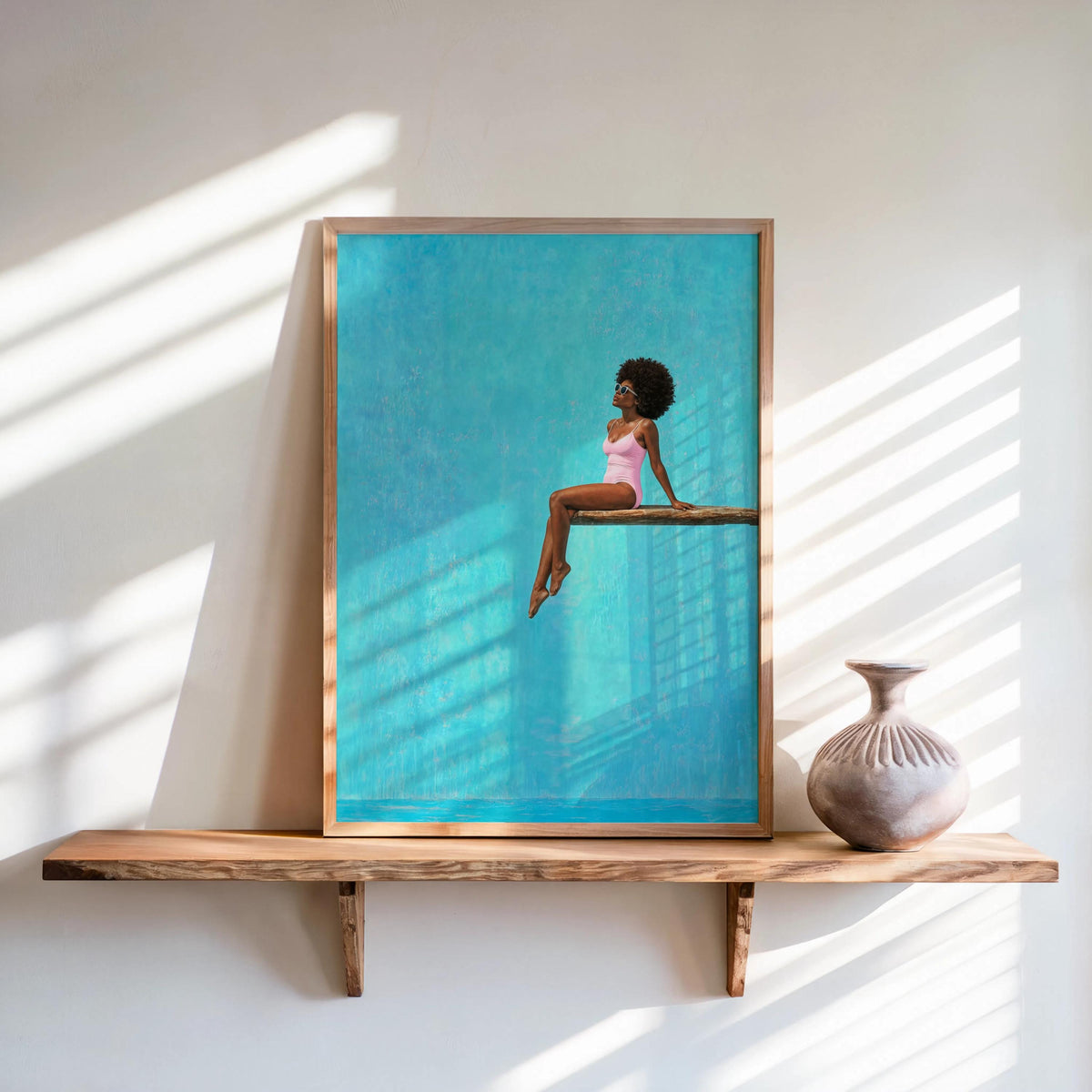 Afrocentric Poolside Wall Art, Black Woman on Diving Board Print, Vibrant Beach Summer Decor, Minimalist Pop Art Poster, Afro Hair Decor