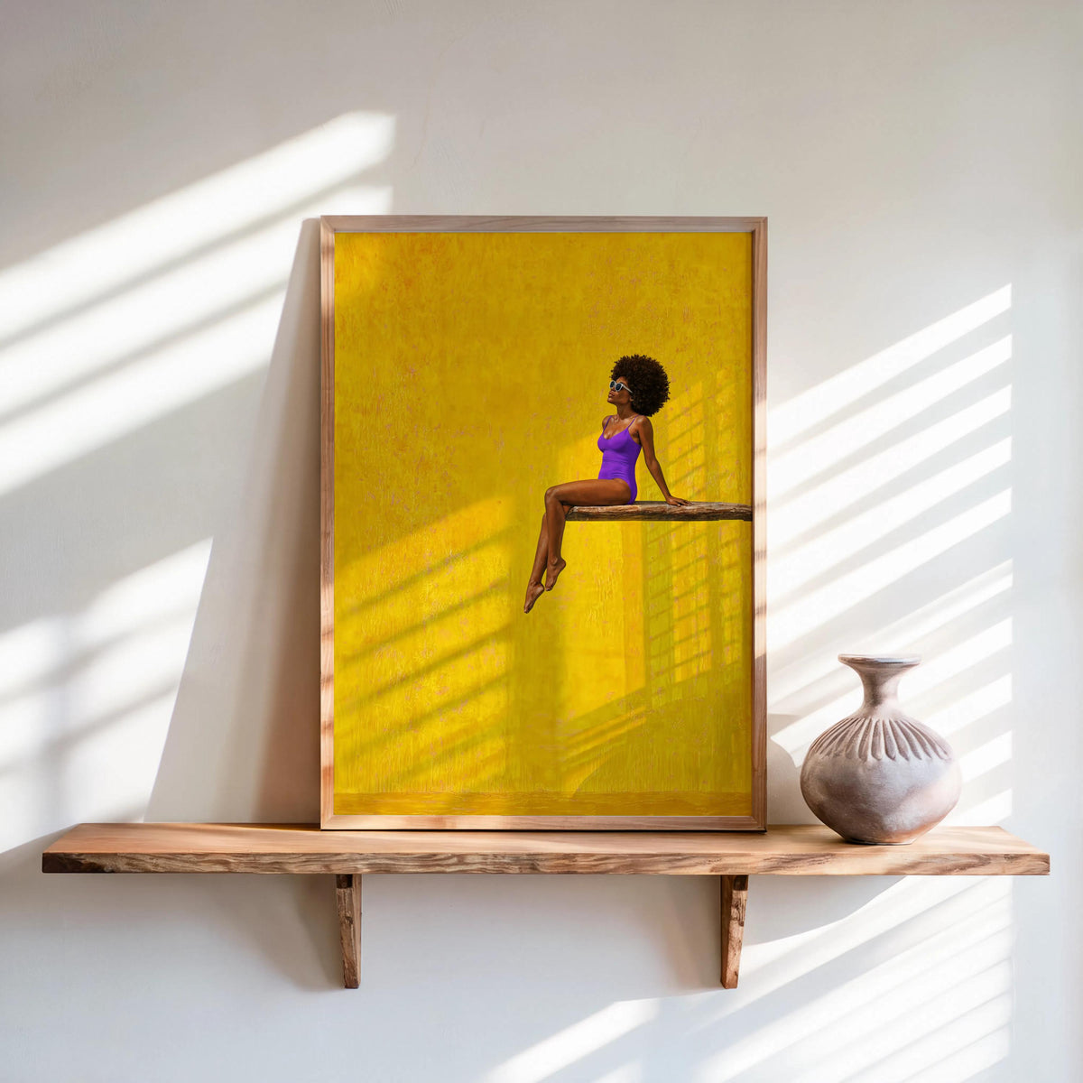 Afrocentric Poolside Wall Art, Black Woman on Diving Board Print, Vibrant Beach Summer Decor, Minimalist Pop Art Poster, Afro Hair Decor