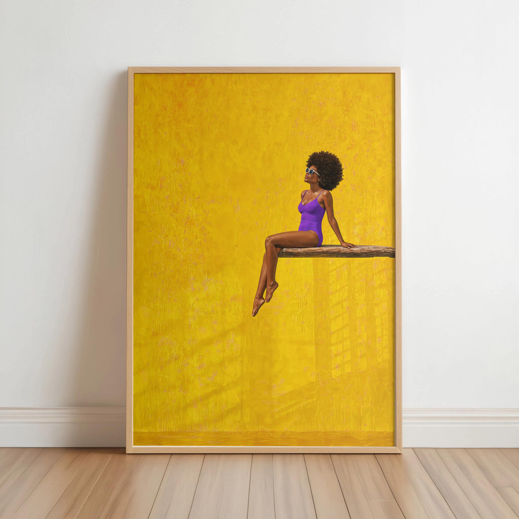 Afrocentric Poolside Wall Art, Black Woman on Diving Board Print, Vibrant Beach Summer Decor, Minimalist Pop Art Poster, Afro Hair Decor