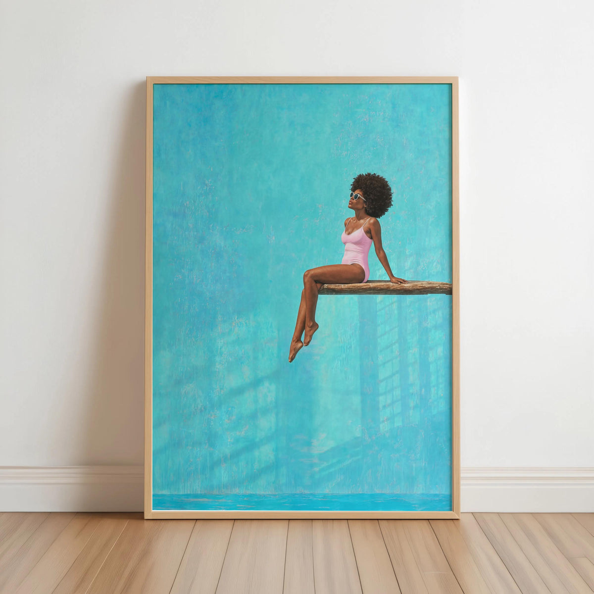 Afrocentric Poolside Wall Art, Black Woman on Diving Board Print, Vibrant Beach Summer Decor, Minimalist Pop Art Poster, Afro Hair Decor