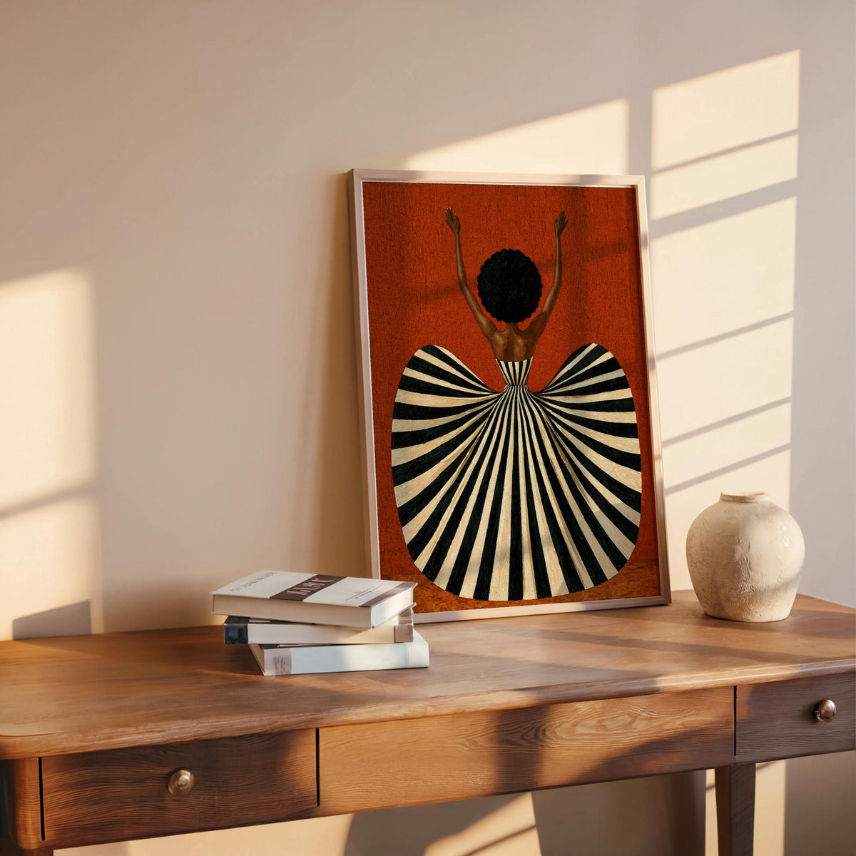 Black Woman in Striped Dress Art Print, Afrocentric Dancer Wall Decor, Vibrant Fashion Poster, Modern Mid Century African American Decor