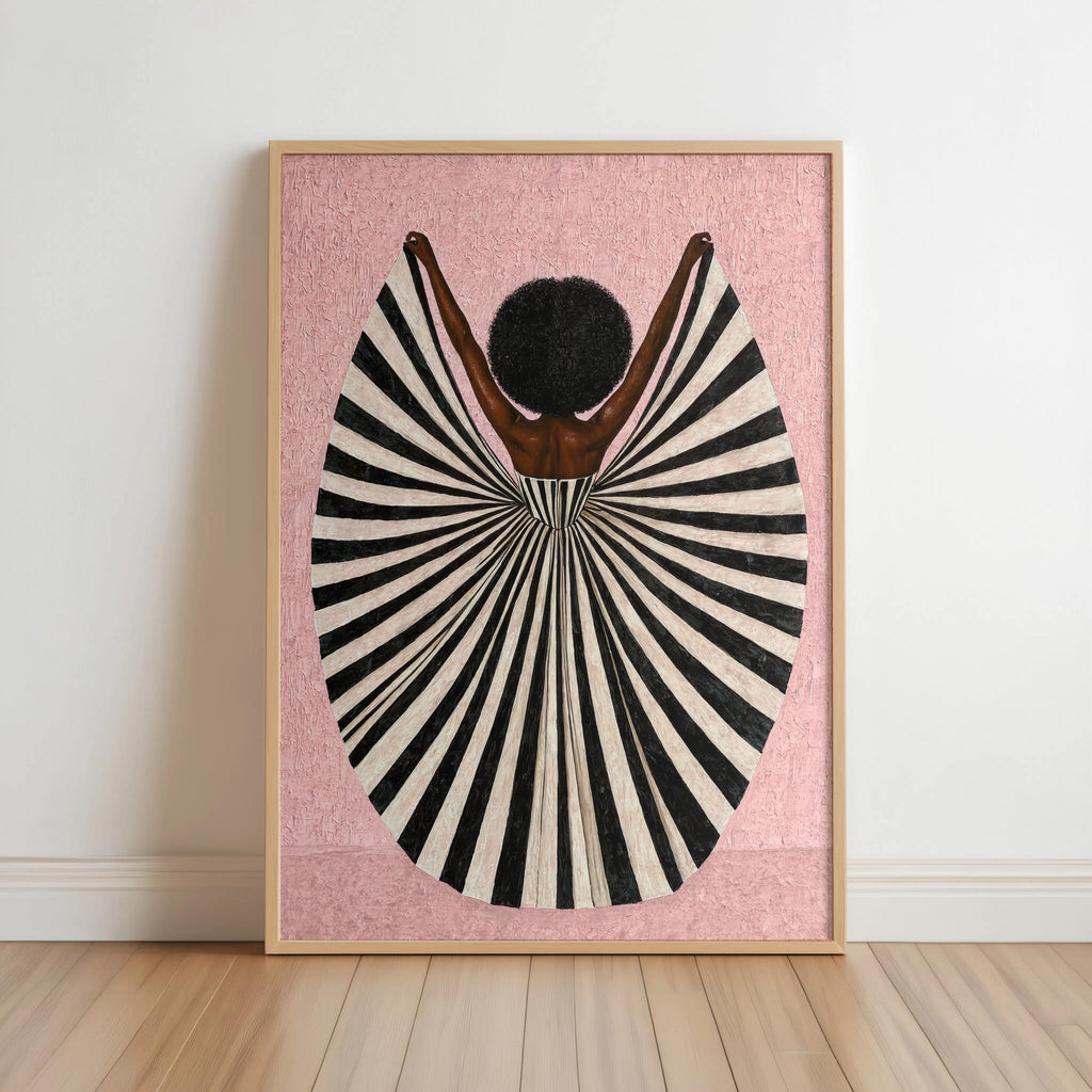 Blush pink framed artwork, graphic striped dress with centered afro silhouette, black beauty wall art, abstract black woman wall art