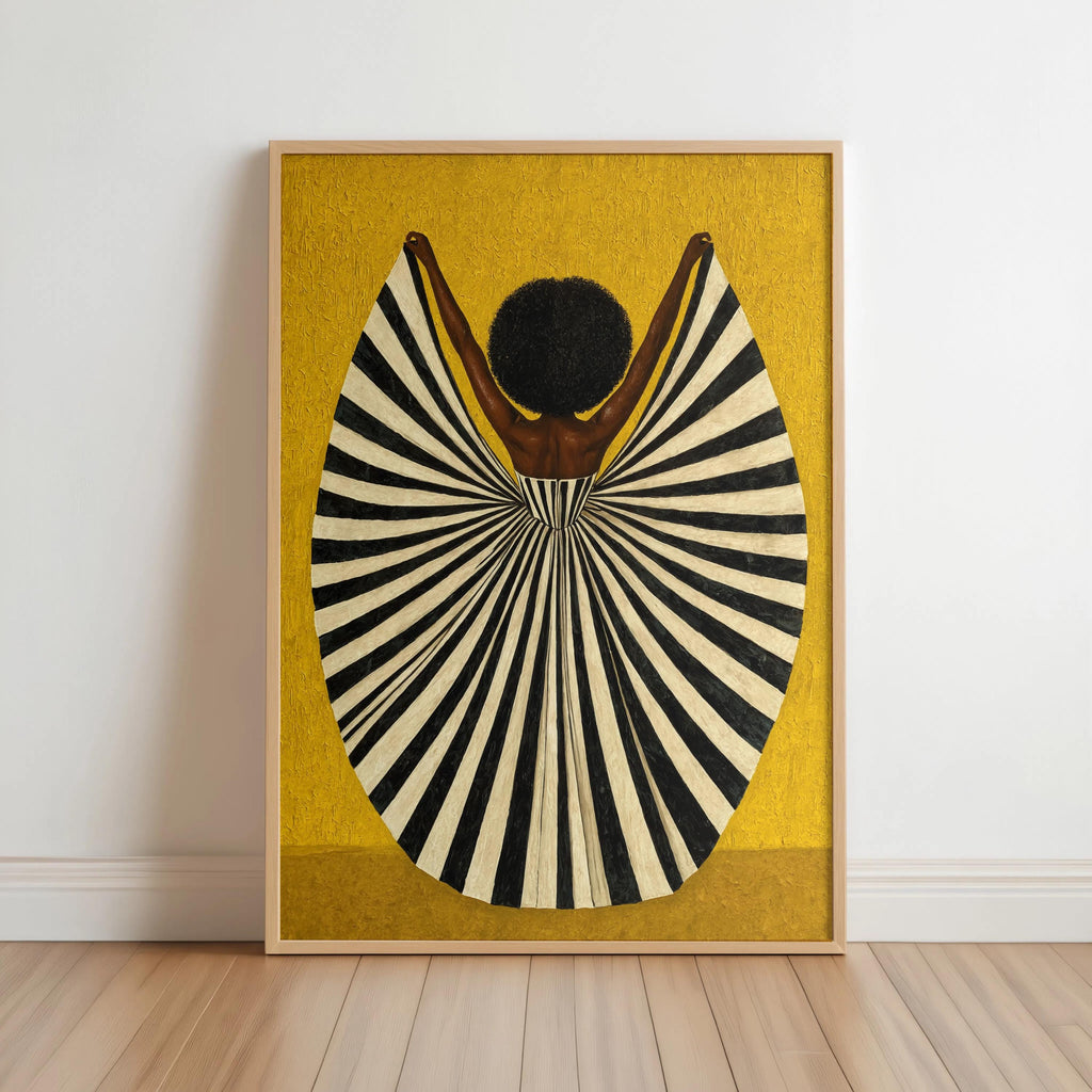 Mustard yellow framed art, striking symmetrical lines on a dramatic fan dress, abstract black woman wall art