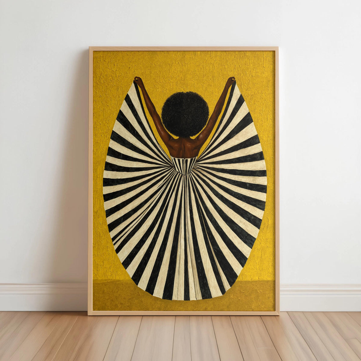 Mustard yellow framed art, striking symmetrical lines on a dramatic fan dress, abstract black woman wall art