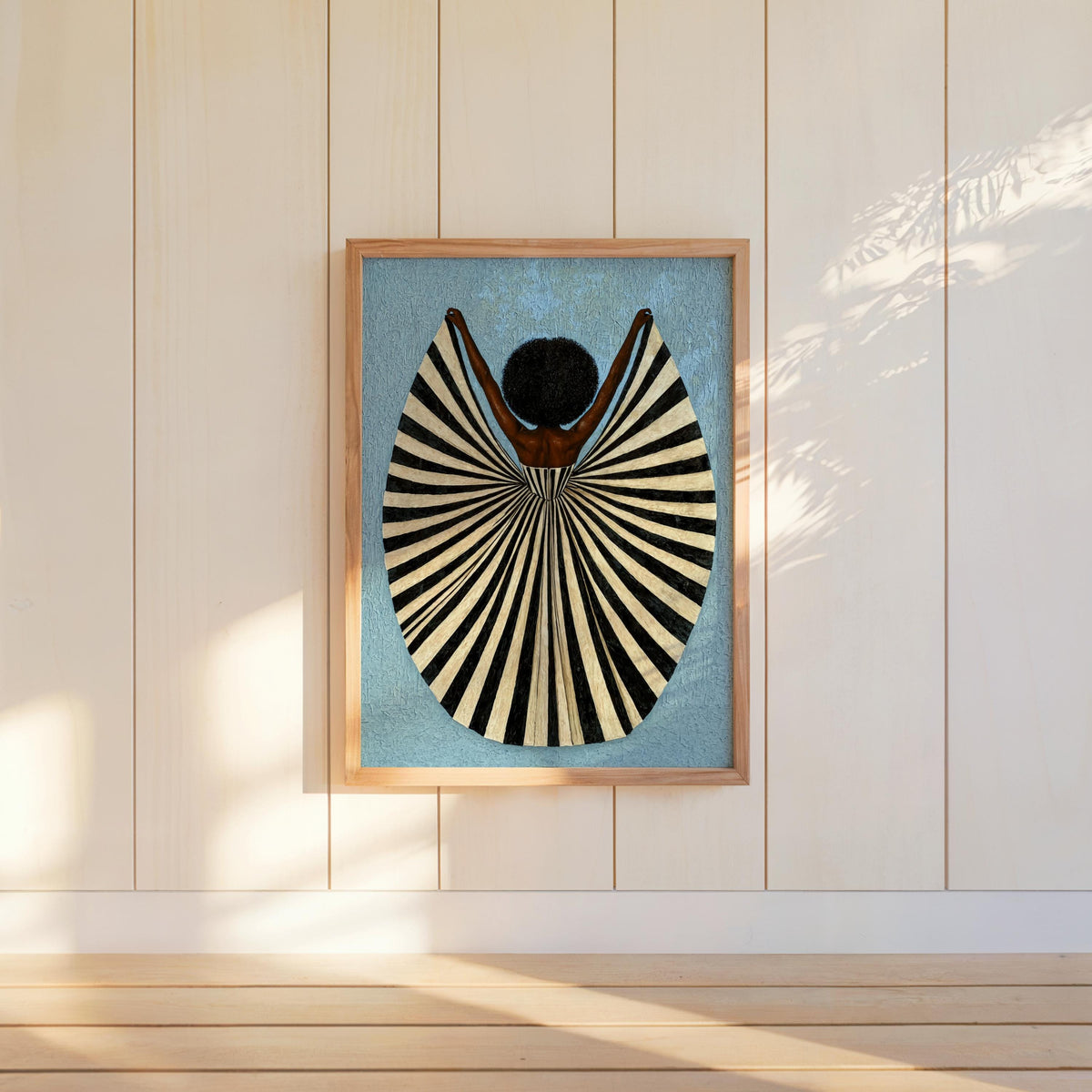 Powder blue print on shelf, strong black-and-cream silhouette and vintage tones, black woman art print, abstract black woman wall art