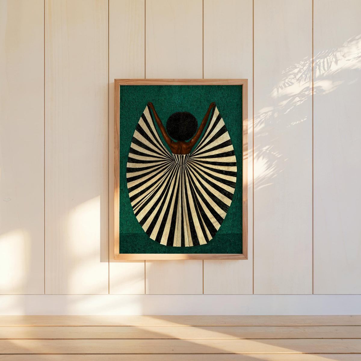 Emerald framed art above shelf, warm sunlight highlights graphic lines, afrocentric woman art print, abstract black woman wall art