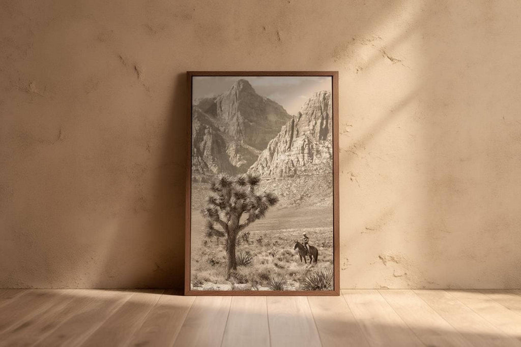 Vintage Joshua Tree Cowboy Print, Antique Western Landscape Poster, Americana Desert Wall Art, Sepia Horseback Rider, Old West Gift, PRINTED
