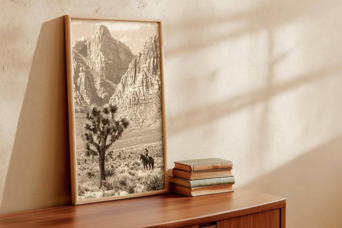 Vintage Joshua Tree Cowboy Print, Antique Western Landscape Poster, Americana Desert Wall Art, Sepia Horseback Rider, Old West Gift, PRINTED