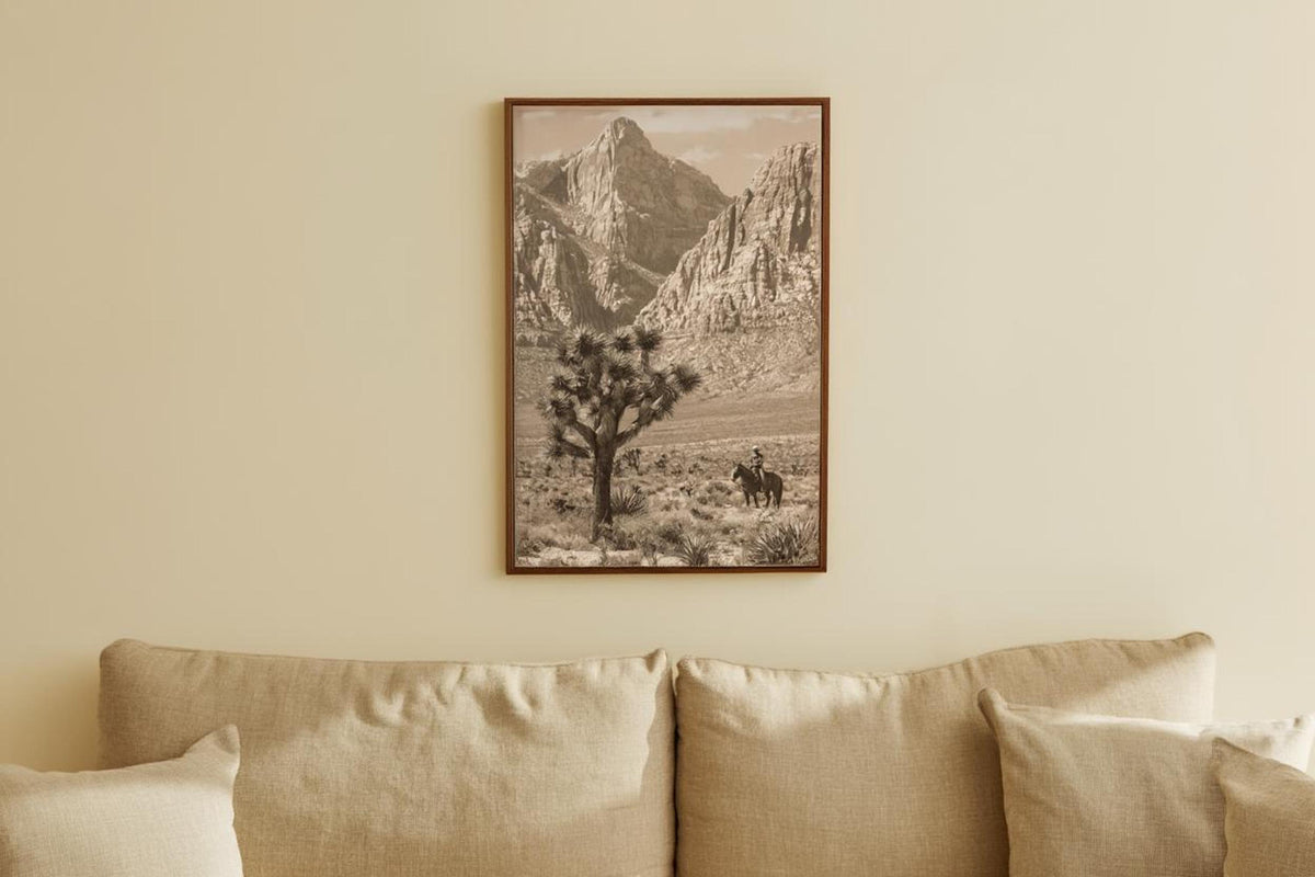 Vintage Joshua Tree Cowboy Print, Antique Western Landscape Poster, Americana Desert Wall Art, Sepia Horseback Rider, Old West Gift, PRINTED