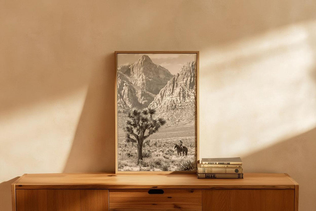 Vintage Joshua Tree Cowboy Print, Antique Western Landscape Poster, Americana Desert Wall Art, Sepia Horseback Rider, Old West Gift, PRINTED