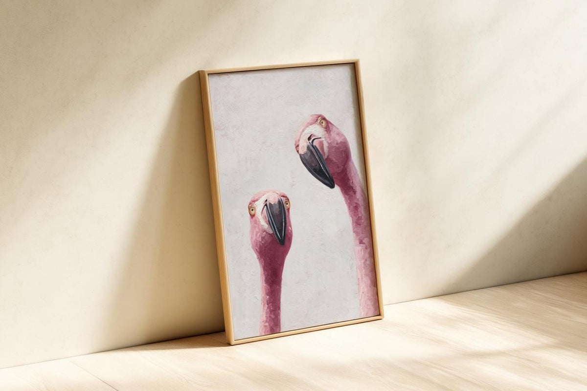 Whimsical Flamingo Wall Art, Tropical Bird Painting, Pink Animal Portrait Art Print, Funny Retro Home Decor, Quirky Birds Lover Gift Poster