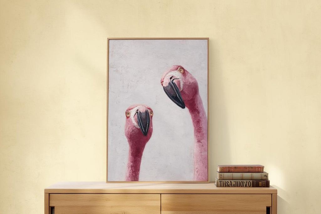Whimsical Flamingo Wall Art, Tropical Bird Painting, Pink Animal Portrait Art Print, Funny Retro Home Decor, Quirky Birds Lover Gift Poster
