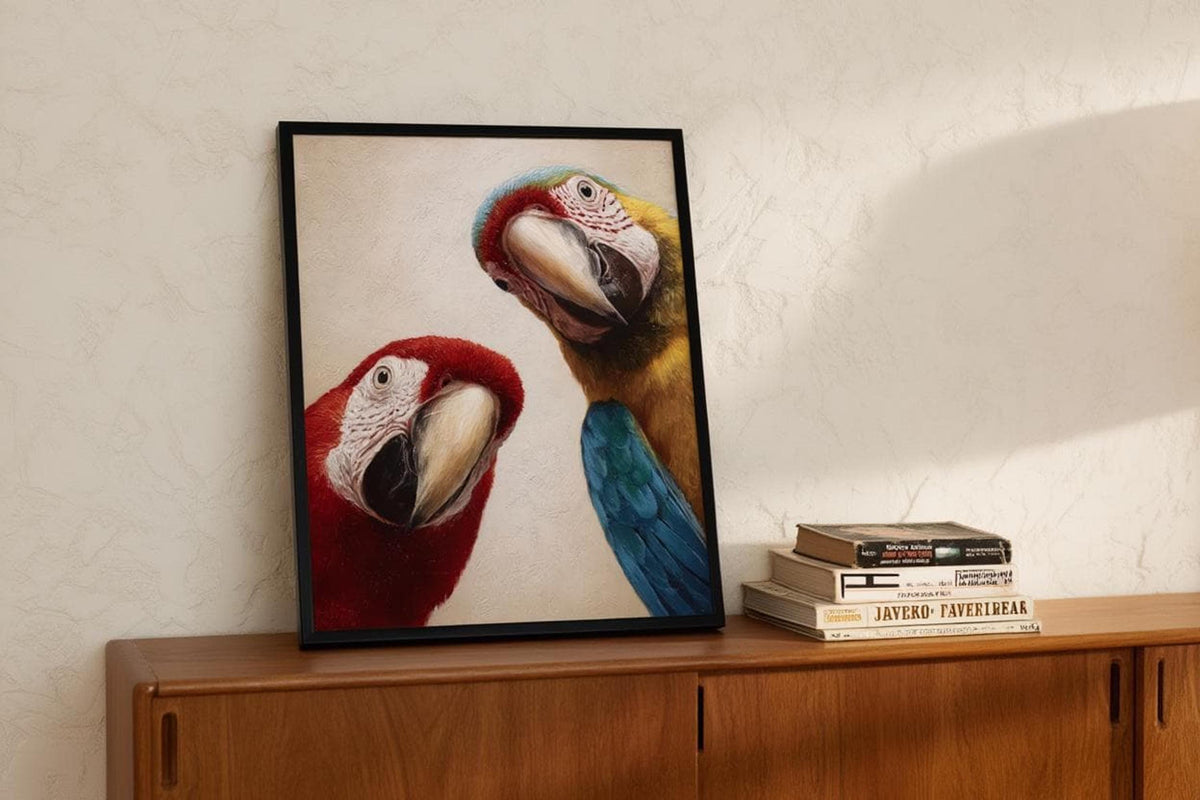 Funny Macaw Wall Art, Scarlet Parrot Painting, Colorful Nursery Decor, Minimalist Oil Canvas, Fine Art Print, Whimsical Tropical Bird Poster