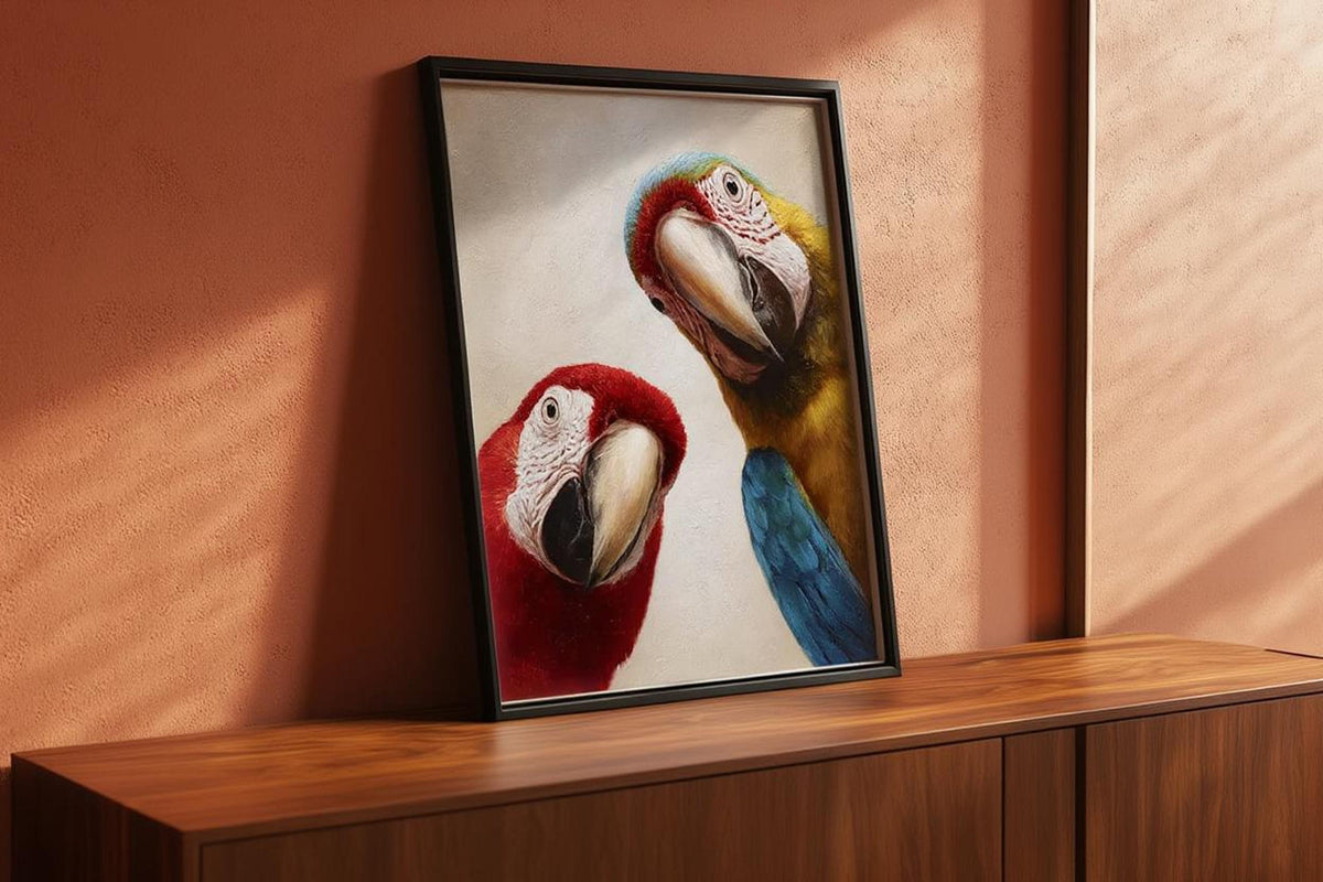 Funny Macaw Wall Art, Scarlet Parrot Painting, Colorful Nursery Decor, Minimalist Oil Canvas, Fine Art Print, Whimsical Tropical Bird Poster