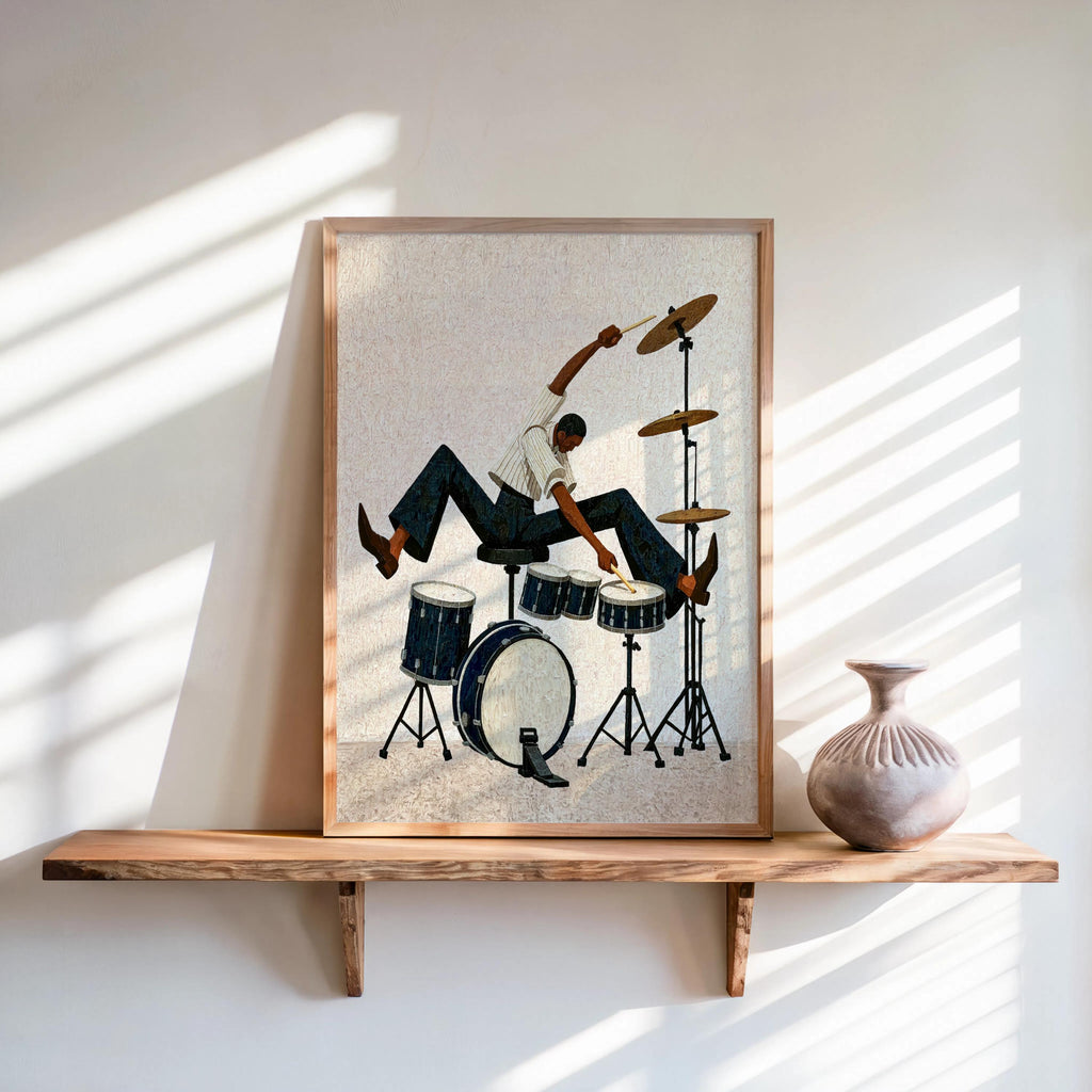 Jazz Drummer Art Print, Abstract Musician Wall Decor, African American Retro Poster,Afrocentric Mid Century Modern Moody Black Culture Gift