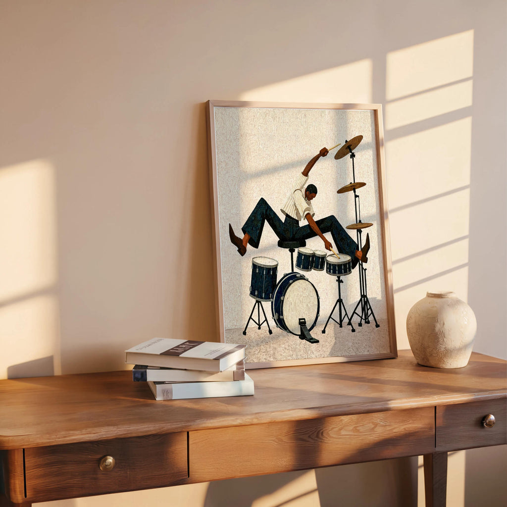 Jazz Drummer Art Print, Abstract Musician Wall Decor, African American Retro Poster,Afrocentric Mid Century Modern Moody Black Culture Gift