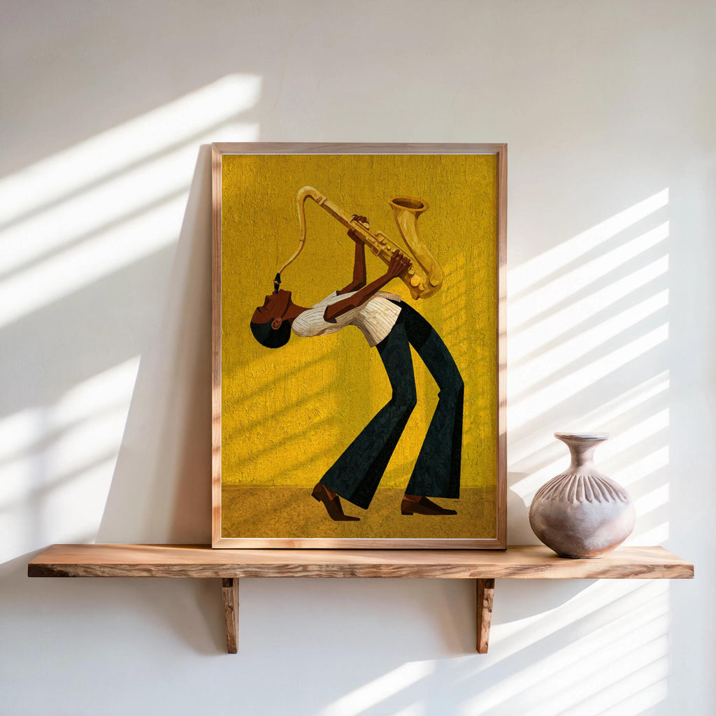 Afrocentric jazz wall art print on shelf, mustard yellow retro background, dramatic bent pose of sax player.