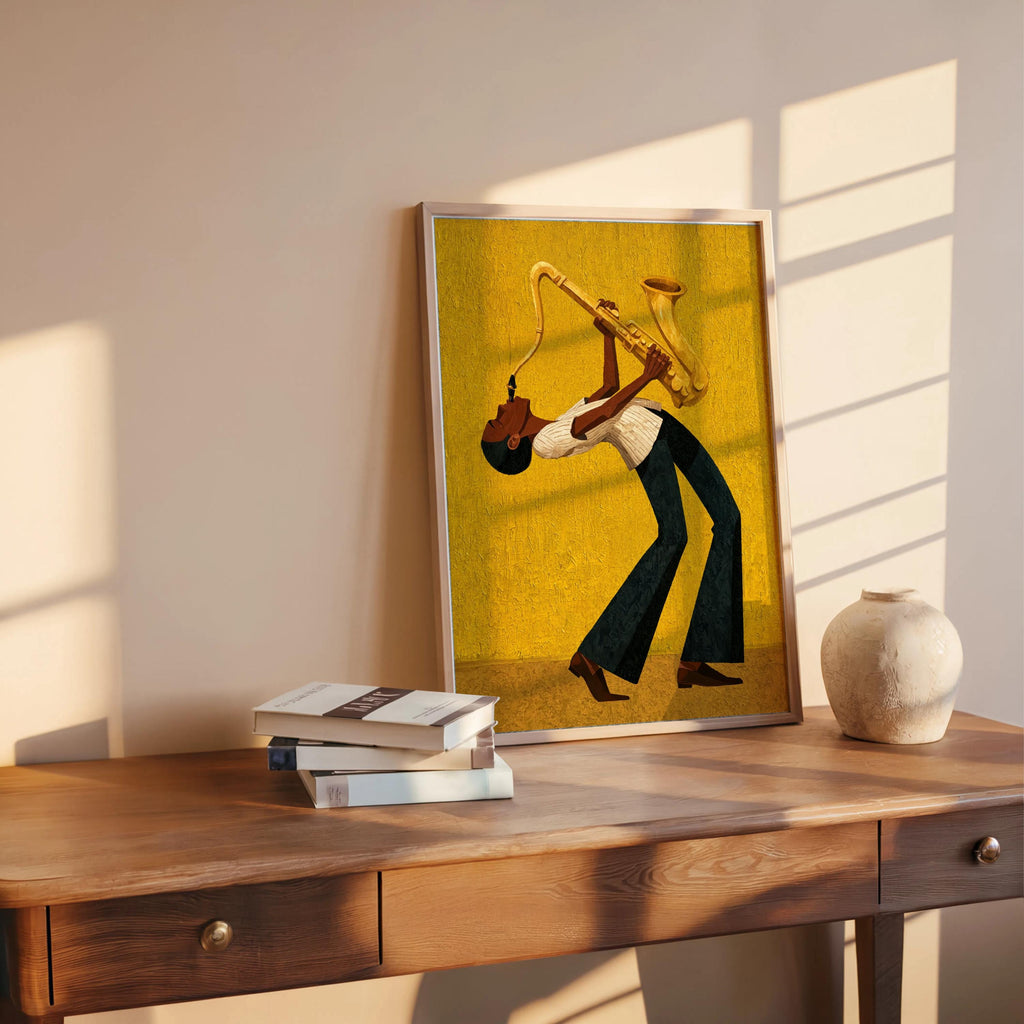 Afrocentric jazz wall art print standing on mid century desk, mustard vintage color, bold geometric lines.