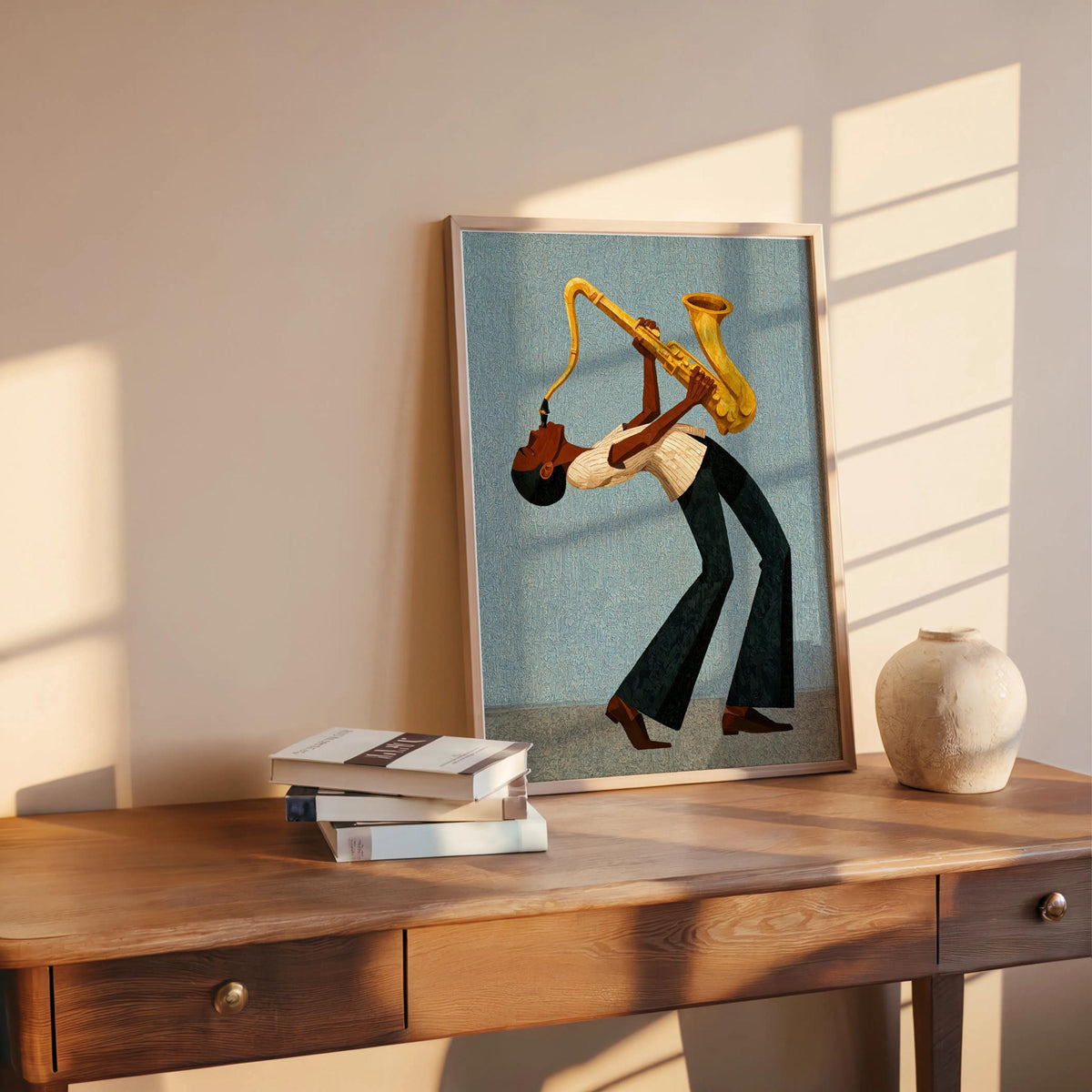 Afrocentric jazz wall art print leaning on desk, cool blue retro field, soulful saxophone composition and texture.