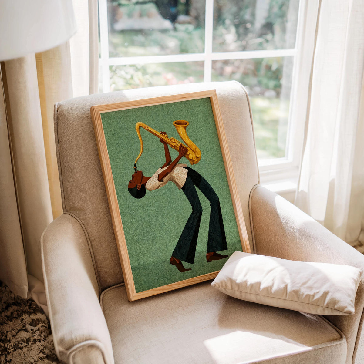 Afrocentric jazz wall art print propped on lounge chair, green retro background, painterly texture visible.