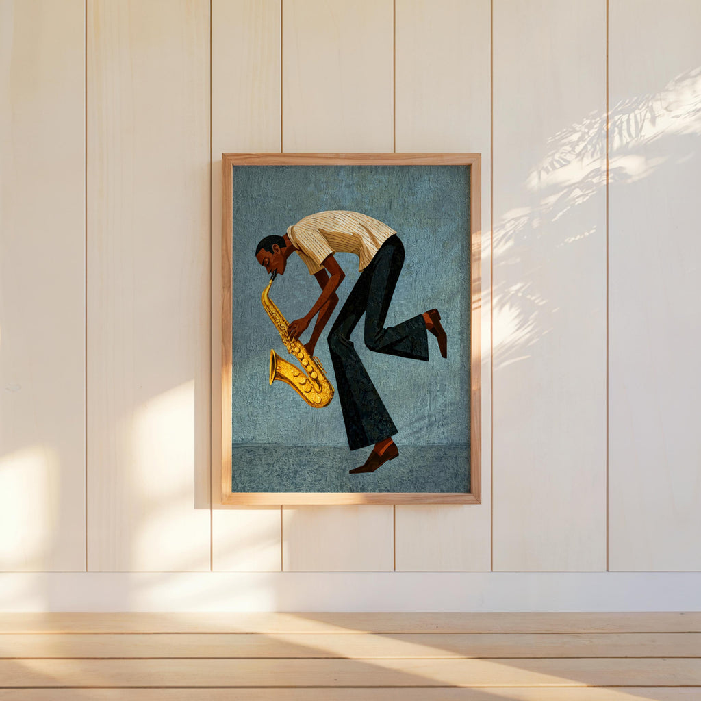 Framed blue mid century saxophone wall art centered on paneled wall, stylized saxophonist, calm jazz room decor