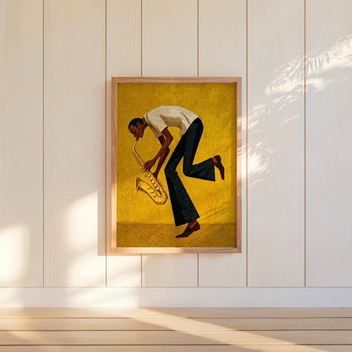Vertical mustard mid century saxophone wall art on pale wall, bold retro jazz musician art with textured paper look