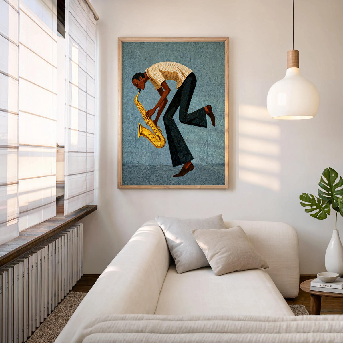Blue mid century saxophone wall art above sofa, saxophone art print with stylized musician, mid century music print vibe