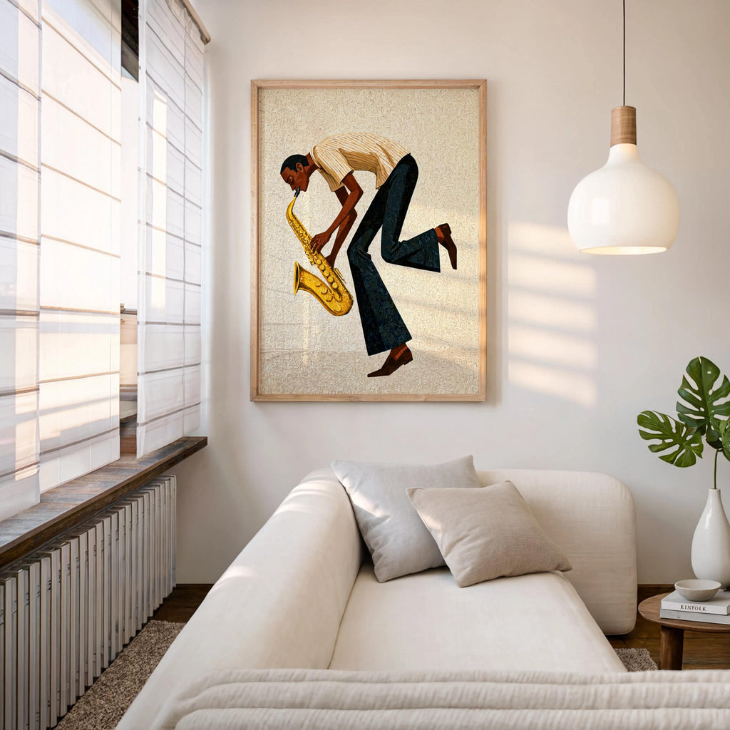 Warm cream mid century saxophone wall art above sofa, retro jazz musician art, subtle texture and cozy living room vibe
