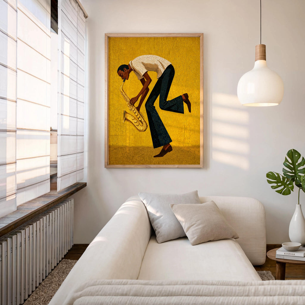 Mustard mid century saxophone wall art hung above sofa, bold jazz saxophonist print bringing soulful music decor